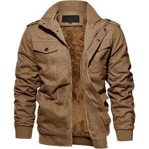 Men's Khaki  Winter Cargo Fleece Sherpa Lined Casual Windproof Bomber Jacket